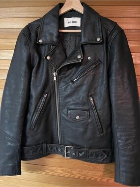Buck Mason Black Leather Biker Jacket with Belt
